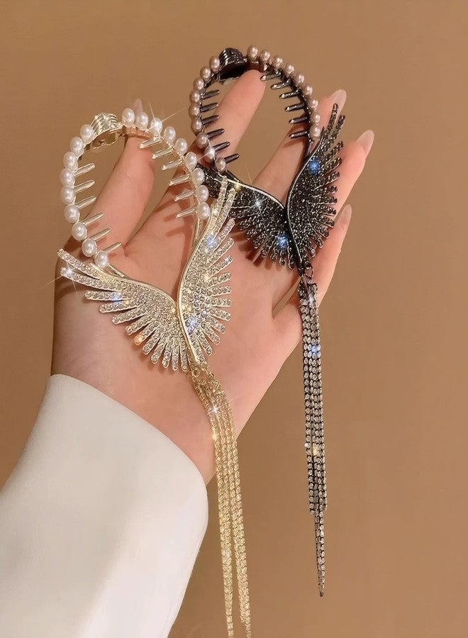 Rannyrena Pearls Tassel Rhinestone Ponytail Claw Clip for Women Crystal Bow Ponytail Bauckle Buns Hair Holder Sparkling Metal Hair Bun Accessories (Gold Angle Wings) - Image 4